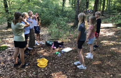 Børn undersøger biodiversitet i grønt område